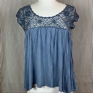 Blue T-Shirt with Crocheted Details